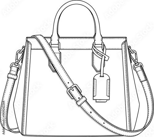 Elegant structured handbag technical flat sketch showing front view with top handles adjustable strap and hanging accessory detail