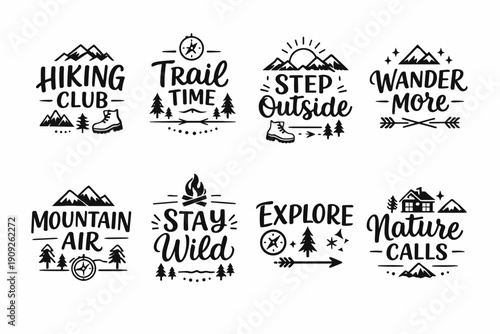 Outdoor adventure emblems: hiking club, trail exploration, nature enthusiasts