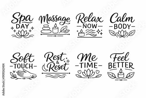 Spa day icons: massage, relax, rest, me time, feel better illustrations