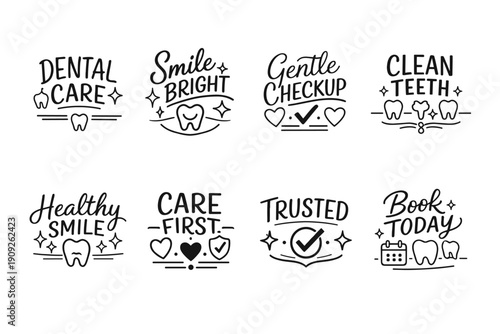 Dental care icons collection: smile bright, gentle checkup, clean teeth, healthy smile