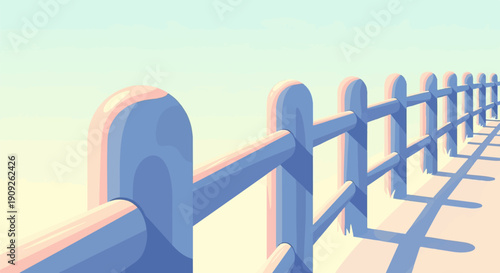 A pale blue wooden fence lines a path with soft pinkish shadows