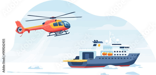 A red helicopter hovers above an icebreaker ship on a frosty sea