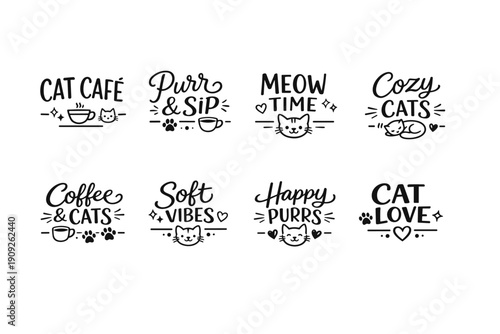 Charming cat-themed coffee designs with playful quotes and icons