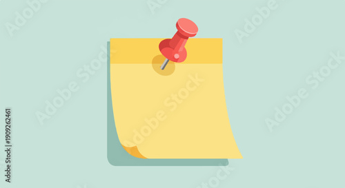 A red pushpin secures a yellow sticky note on a pale blue background