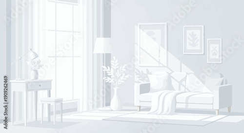 A minimalist living room with a sofa, desk, and sunlight streaming through a large window