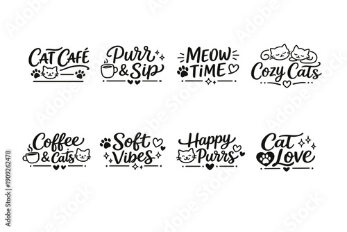 Cat-themed typography logos: cat café, meow time, cozy cats designs