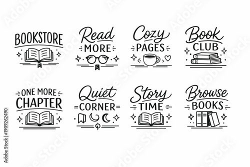 Black and white book-themed illustrations with encouraging reading phrases