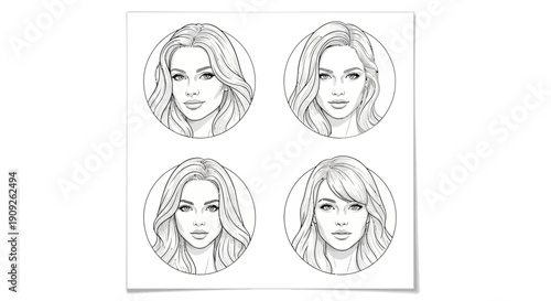 Four Diverse Female Portraits, Sketch Style, Circle Frames, Black and White
