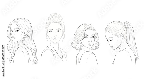 Four Diverse Women's Hairstyles and Portraits: Line Art Sketch