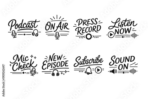 Creative podcast lettering set with various phrases and icons