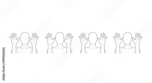 Four people showing hands in front of faces, line art illustration