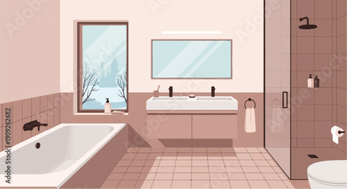 A serene bathroom with a tub and shower, overlooking a snowy landscape