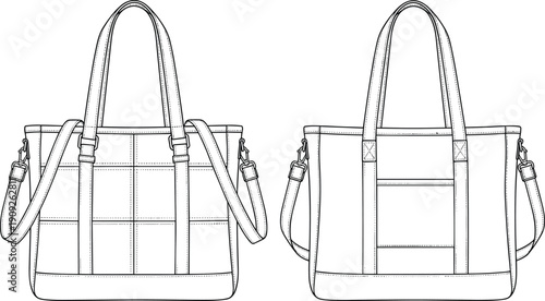 Multi pocket tote handbag technical flat sketch showing front and back views with adjustable shoulder strap for product design