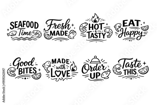 Black and white seafood-themed restaurant slogans with artistic illustrations