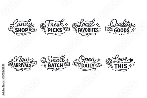 Candy shop labels featuring fresh local favorites and quality goods designs