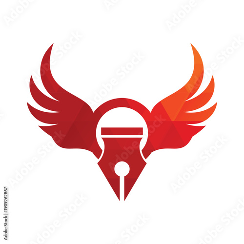 Wings Pen Logo Icon With Blue Wings and Black Nib Symbol for Creativity and Writing.