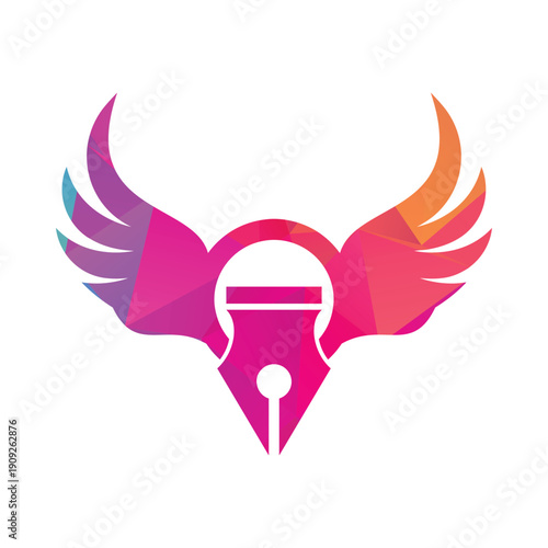 Wings Pen Logo Icon With Blue Wings and Black Nib Symbol for Creativity and Writing.
