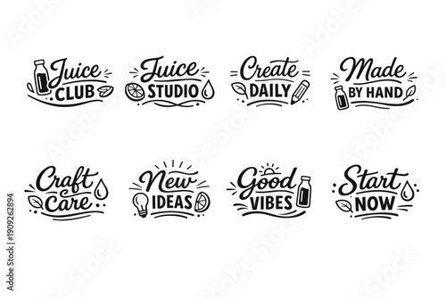 Creative juice logo collection: club, studio, daily, handmade, craft, ideas, vibes, start
