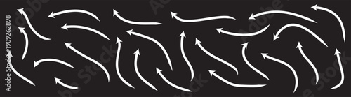 Squiggly arrows doodle set. Curve and Spiral comic symbols in sketch style. Hand drawn vector illustration isolated on Black background