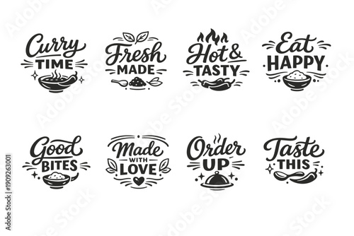 Collection of food-themed black and white typography designs