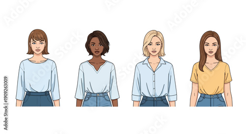 Diverse women in casual outfits, front view, representing variety and inclusion