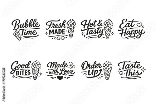 Hand-drawn ice cream slogan designs with cones and decorative elements