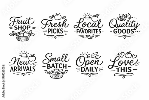 Hand-drawn fruit and grocery labels with baskets and leaves design