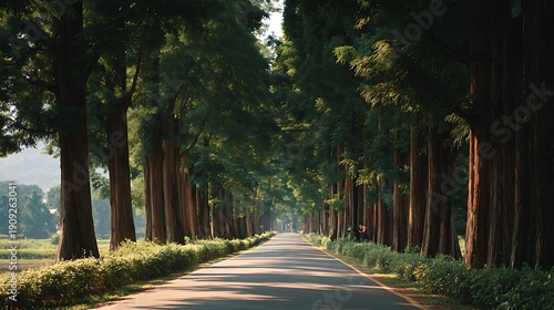 Road through a Tall Tree Avenue / 並木道を抜ける道路