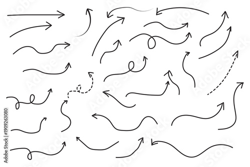 Doddle arrow set, collection of hand drawn arrows, Arrow mark icons. Black and white illustration