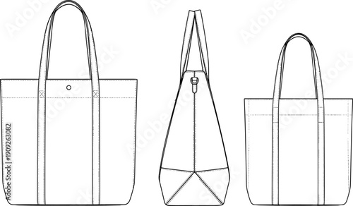 Classic structured tote bag technical flat sketch showing front side and back views with strap and panel details