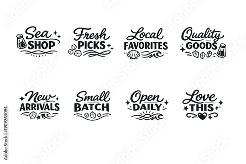 Artistic sea-themed logo designs with nautical elements and decorative typography