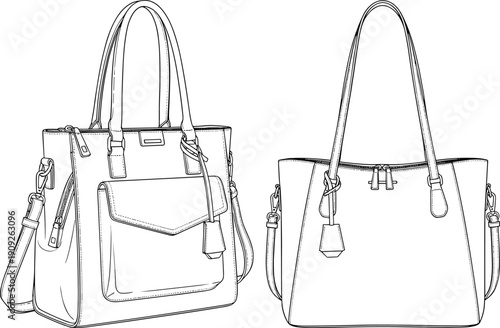 Modern leather tote handbag technical flat sketch showing angled front and back views with pocket and zipper details