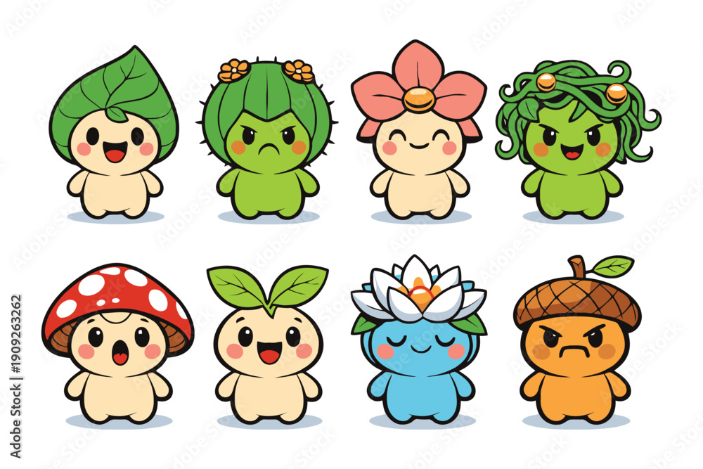 Obraz premium A group of cute cartoon characters with different plant and mushroom hats on their heads