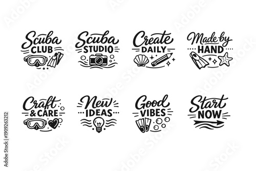 Creative hand-drawn logos with inspirational and hobby themes