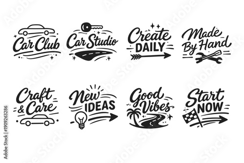 Set of automotive and motivational logos featuring creative hand-drawn designs