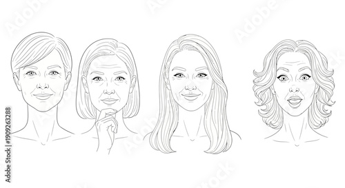 Diverse Women's Faces: Age Progression, Beauty, and Individuality in Line Art
