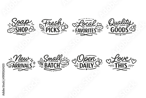 Hand-drawn black and white vintage market labels and badges