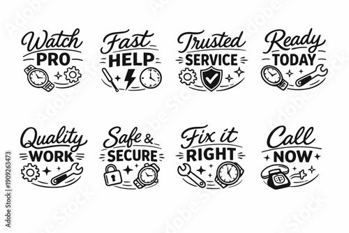 Set of service icons: watch, fast help, trusted, ready, quality, safe, fix, call