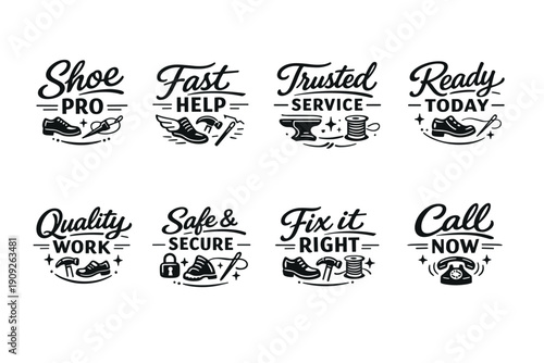 Vintage shoe repair badges with tools and icons for quality service