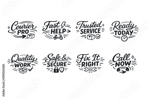 Assorted delivery and service logos featuring courier, fast help, trusted service