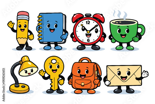 A colorful illustration of cartoon office supplies and gadgets with smiling faces