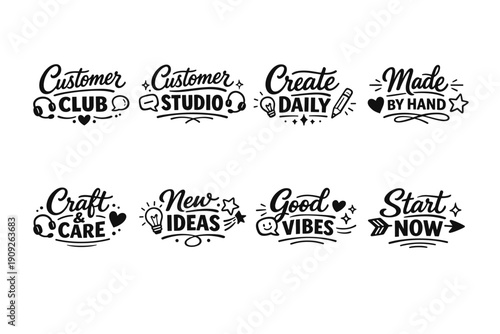 Inspirational hand-drawn typography designs with icons and illustrations