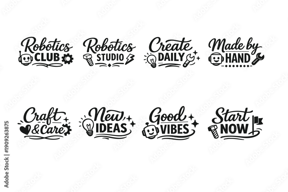 Fototapeta premium Creative robotics and crafting logos with inspirational phrases