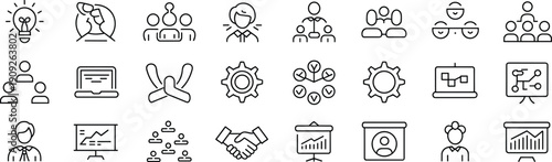 Business Teamwork and Management Line Icons Set Illustrating Collaboration, Leadership, Strategy, Meetings, Workflow, Analytics and Organizational Communication Concepts