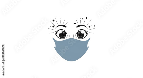 Cartoon face with sparkly eyes and blue face mask on white background
