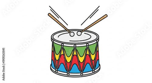 Colorful drum with drumsticks in motion music instrument
