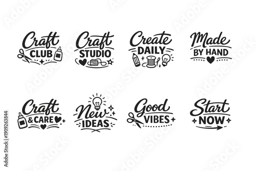 Creative craft quotes with art supplies and motivational phrases in black and white