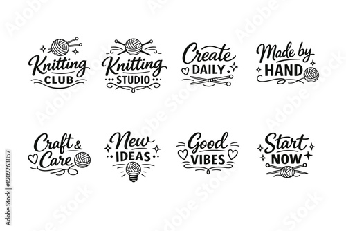 Knitting club and studio logos with creative handcrafted designs and positive messages