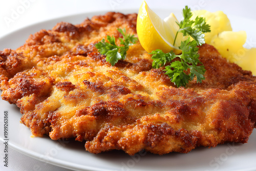 Wallpaper Mural Large Golden Fried Wiener Schnitzel Isolated on White Plate with Lemon and Herbs Torontodigital.ca