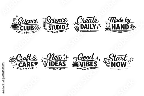 Inspirational science and creativity phrases with lab icons and nature elements